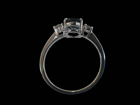 Sapphire and diamond three stone ring set in 18 carat white gold, size O. thumbnail