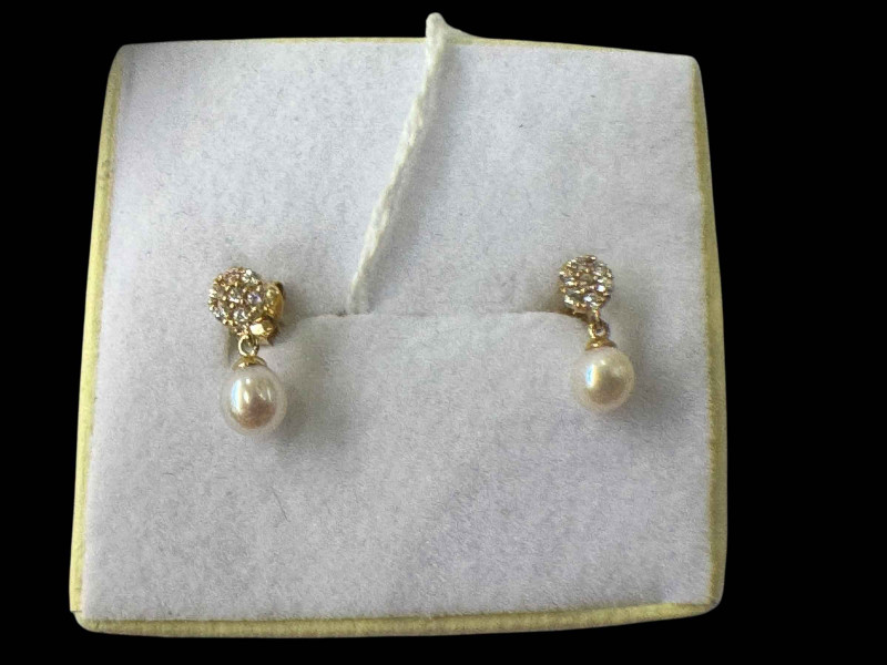 Pair of 9 carat gold, diamond and pearl earrings.