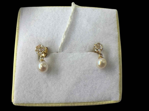 Pair of 9 carat gold, diamond and pearl earrings.