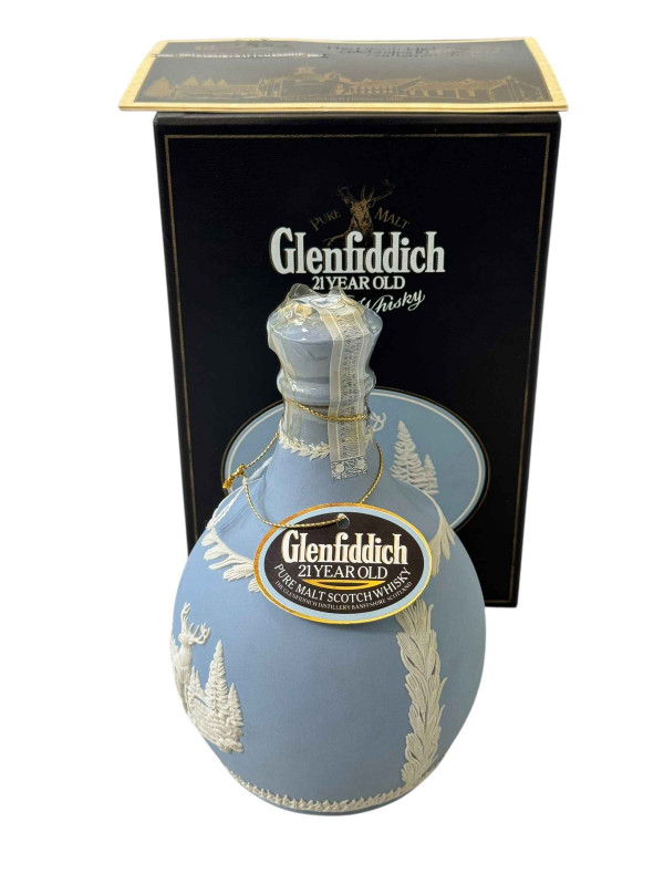 Glenfiddich 21 year old malt whisky in Wedgwood Jasperware decanter, with original label and case.