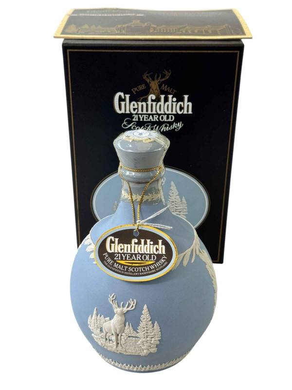 Glenfiddich 21 year old malt whisky in Wedgwood Jasperware decanter, with original label and case.
