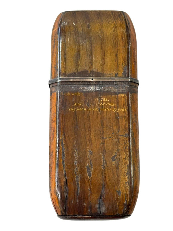 Wooden cigar case from the shipwreck The Royal George, raised in 1839, 13cm length.