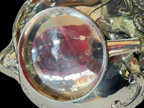 Victorian silver teapot with embossed scrolling foliage and cast flower finial, WM, London 1857. thumbnail