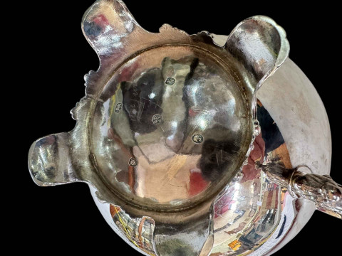 Victorian silver teapot on scroll feet, London 1845. thumbnail