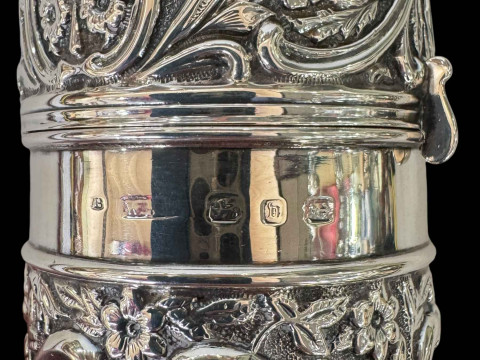Late Victorian silver caster embossed with scrolling foliage, Birmingham 1895, 13.5cm. thumbnail