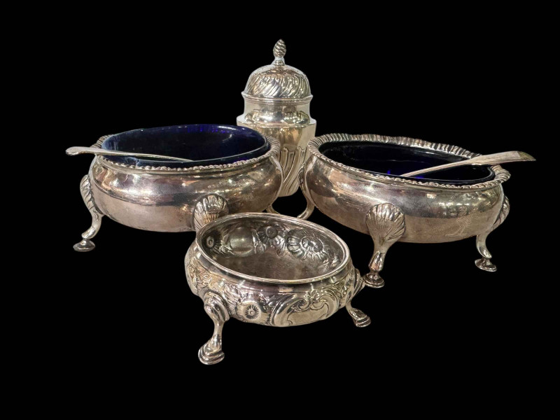 Pair large early Victorian silver open salts, London 1843, with spoons, George III silver open salt and silver pepperette (4).