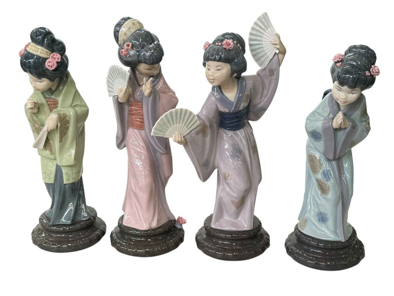 Four Lladro Geisha Girl figurines, with boxes.