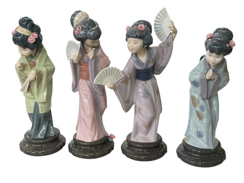 Four Lladro Geisha Girl figurines, with boxes.