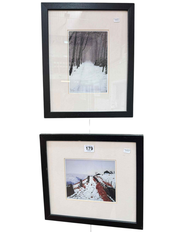 Peter Brook, 4pm The Wood Filling Up with Snow and A Good View of the Pennines, two framed prints, one with COA.