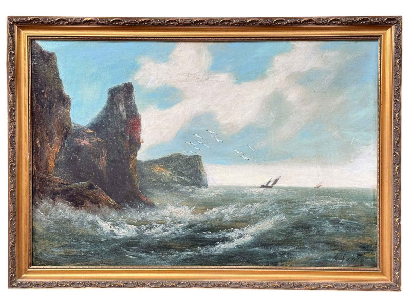 H Martin, Rough Sea at a Rocky Coastline, oil on board, signed lower right, 50cm by 75cm, framed.