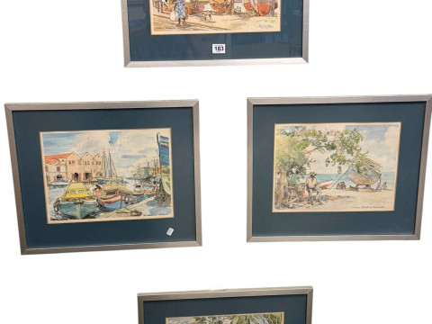 Jill Walker, set of four coloured prints of Barbados, framed.