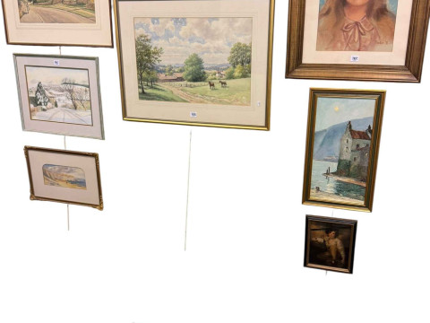 A collection of six signed watercolours including two Tom Whitehead, oil...