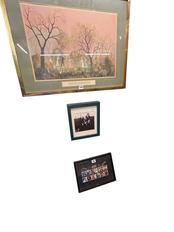 Helen Bradley coloured print, framed print and framed set of Star Wars stamps (3).