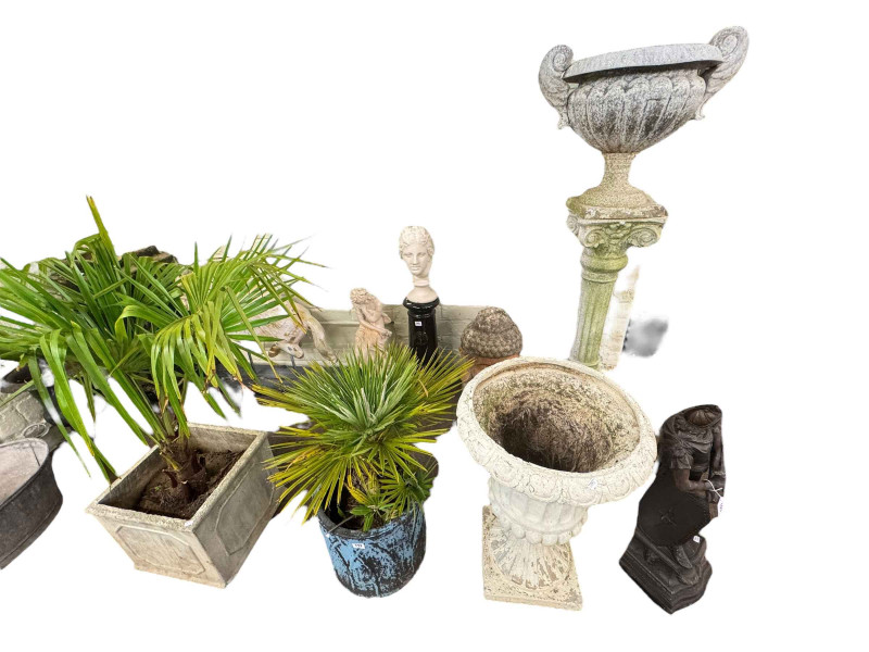 Two potted palms, Campana style garden urn, two handled urn and pedestal, Buddha head, classical figure, classical bust on stand, Tang style horse, vintage chimney pot and spelter Centurion (9).