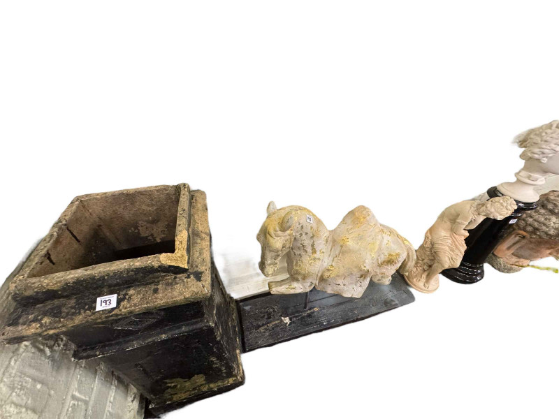 Two potted palms, Campana style garden urn, two handled urn and pedestal, Buddha head, classical figure, classical bust on stand, Tang style horse, vintage chimney pot and spelter Centurion (9).