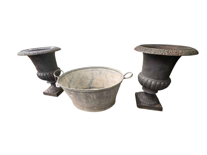 Pair small cast Campana style urns, 44cm by 32cm diameter and vintage zinc tub (3).