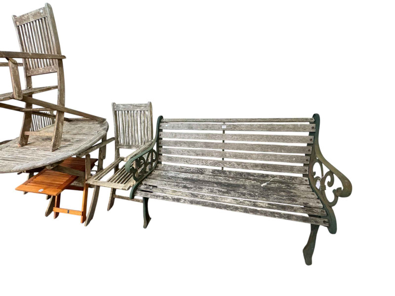 Weathered cast and wood slat garden bench, two patio tables and three folding chairs (6).