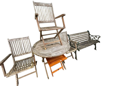 Weathered cast and wood slat garden bench, two patio tables and three...