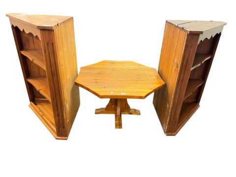 Pair Lizardman stained pine open corner wall cabinets and Lizardman pine...