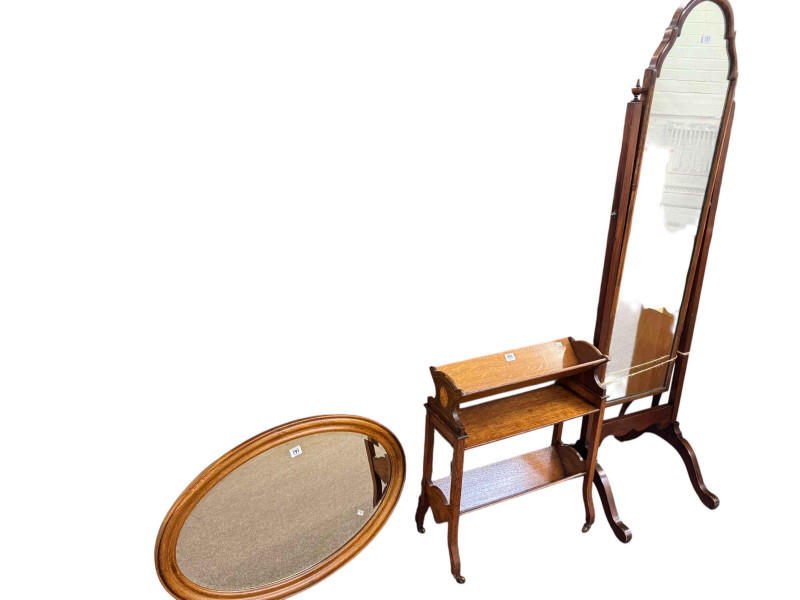 Mahogany arched top cheval mirror, Art Nouveau oak three tier book stand, Victorian Tunbridge Ware writing box and oval oak framed bevelled wall mirror (4).