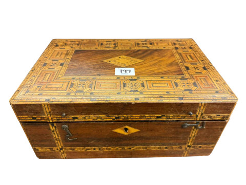 Mahogany arched top cheval mirror, Art Nouveau oak three tier book stand, Victorian Tunbridge Ware writing box and oval oak framed bevelled wall mirror (4). thumbnail