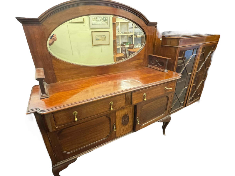 Early 20th Century mahogany mirror back sideboard and Edwardian mahogany and line inlaid astragal glazed two door bookcase (2).