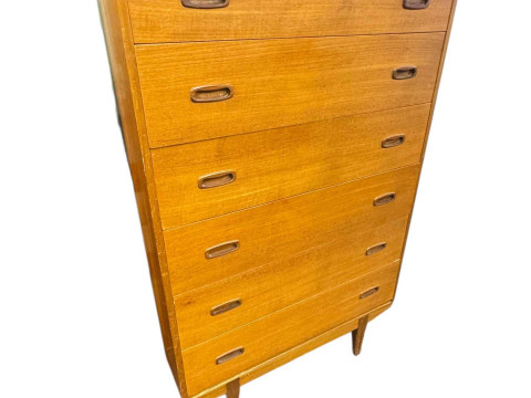 Mid Century teak chest of six long drawers, 122cm by 86.5cm by 46cm.