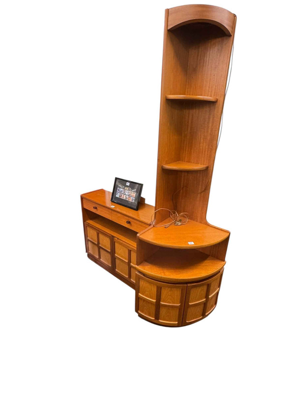 G Plan teak extending dining table and four chairs, Parker Knoll teak standing corner cabinet, side cabinet and corner unit.