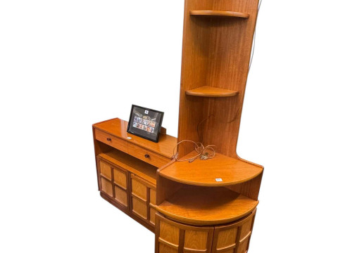 G Plan teak extending dining table and four chairs, Parker Knoll teak standing corner cabinet, side cabinet and corner unit. thumbnail