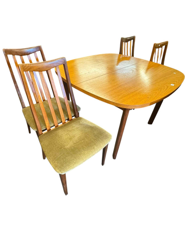 G Plan teak extending dining table and four chairs, Parker Knoll teak standing corner cabinet, side cabinet and corner unit.
