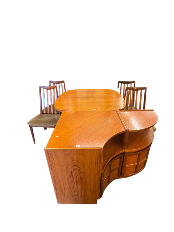 G Plan teak extending dining table and four chairs, Parker Knoll teak standing corner cabinet, side cabinet and corner unit.
