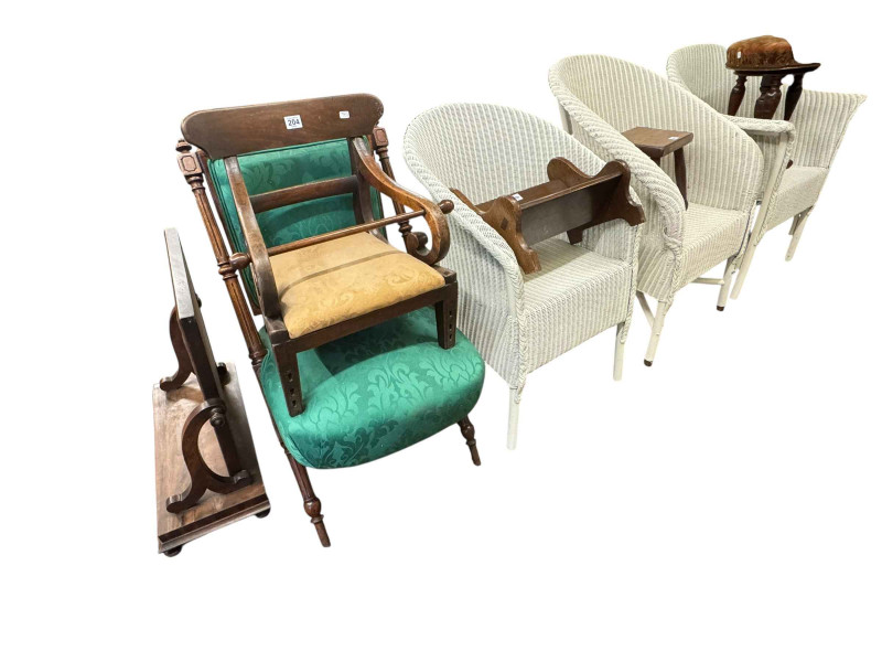 Three Lloyd Loom bedroom chairs, Victorian nursing chair, Victorian child's chair, milking stool, Victorian revolving piano stool, Victorian mahogany toilet mirror and oak book trough (9).