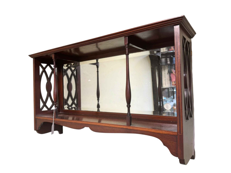Edwardian mahogany and line inlaid mirror backed wall shelf, 46cm by 73cm by 18cm.