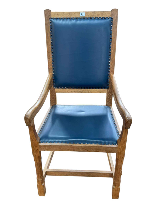 Peter 'Rabbitman' Heap oak and blue studded hide elbow chair.