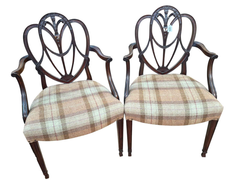 Pair Hepplewhite style mahogany elbow chairs in tartan fabric.