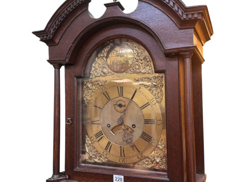 Antique oak eight day longcase clock having brass arched dial, signed Bentley, Darlington, 227cm. thumbnail