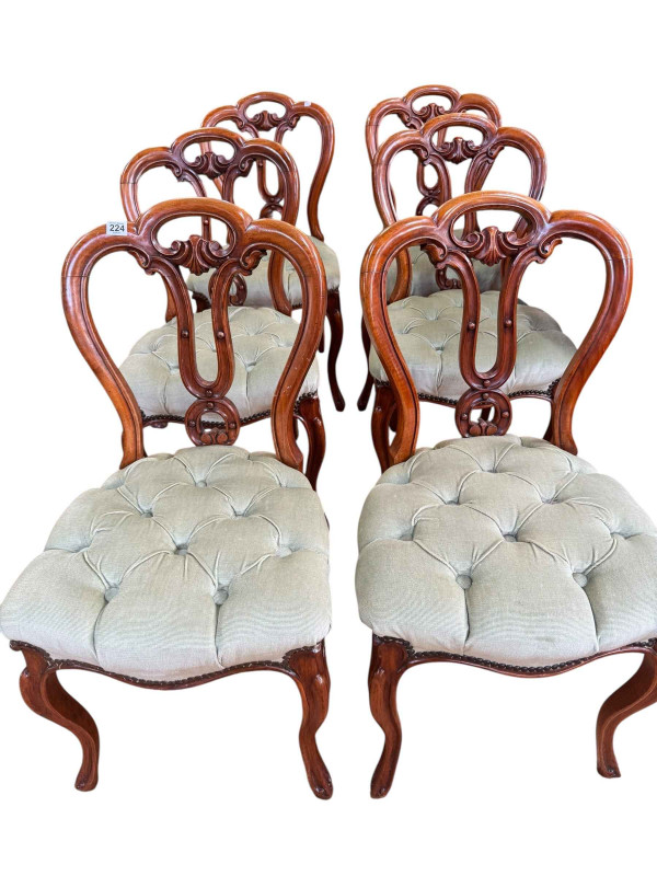 Set of six Victorian mahogany cabriole leg parlour chairs in sage green buttoned fabric.