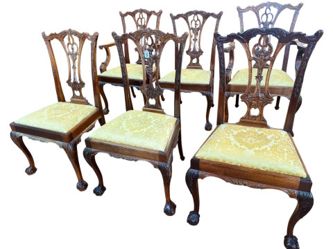 Set of six mahogany Chippendale style dining chairs on ball and claw legs.