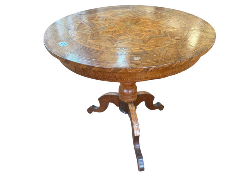 19th Century inlaid walnut circular low table on pedestal triform base,...