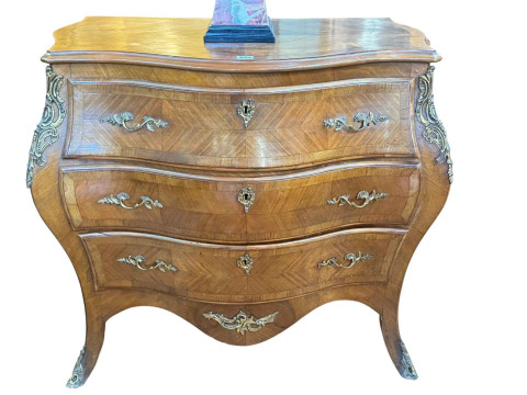Continental walnut and gilt metal mounted three drawer serpentine front...