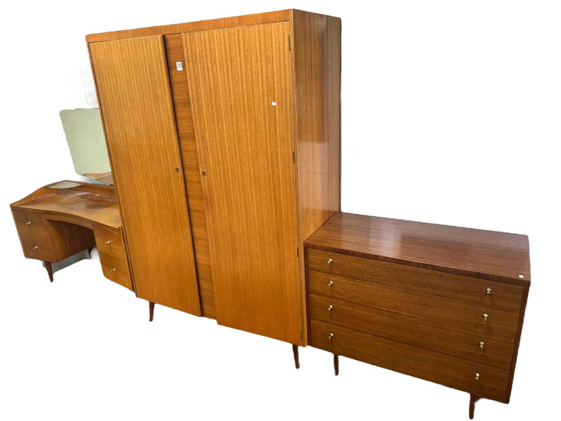 Wrighton Mid Century three piece bedroom suite comprising double door wardrobe, five drawer dressing table and four drawer chest.