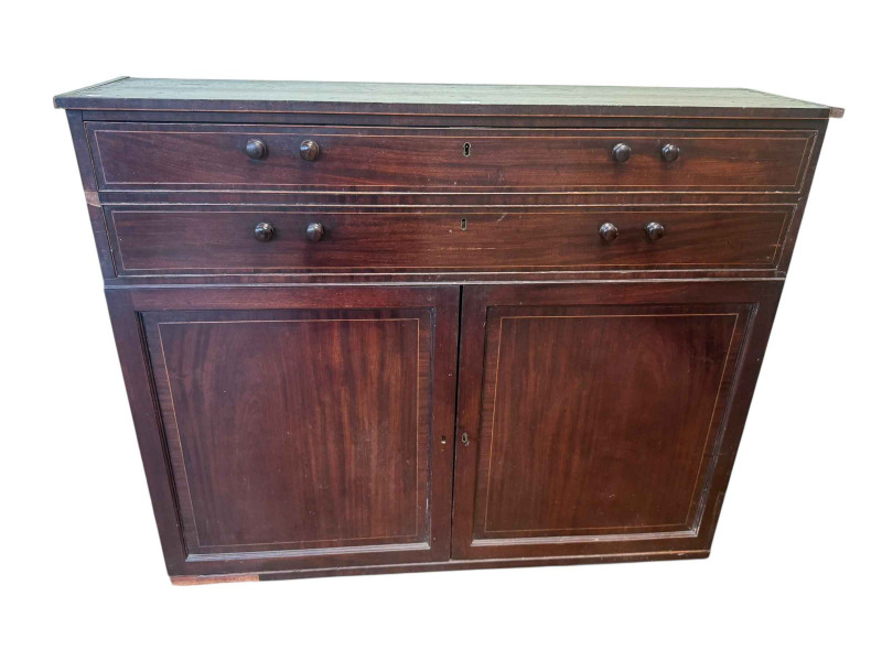 19th Century mahogany side cabinet having fall front enclosing pigeon holes with two cupboard doors below, 101.5cm by 125cm by 31.5cm.