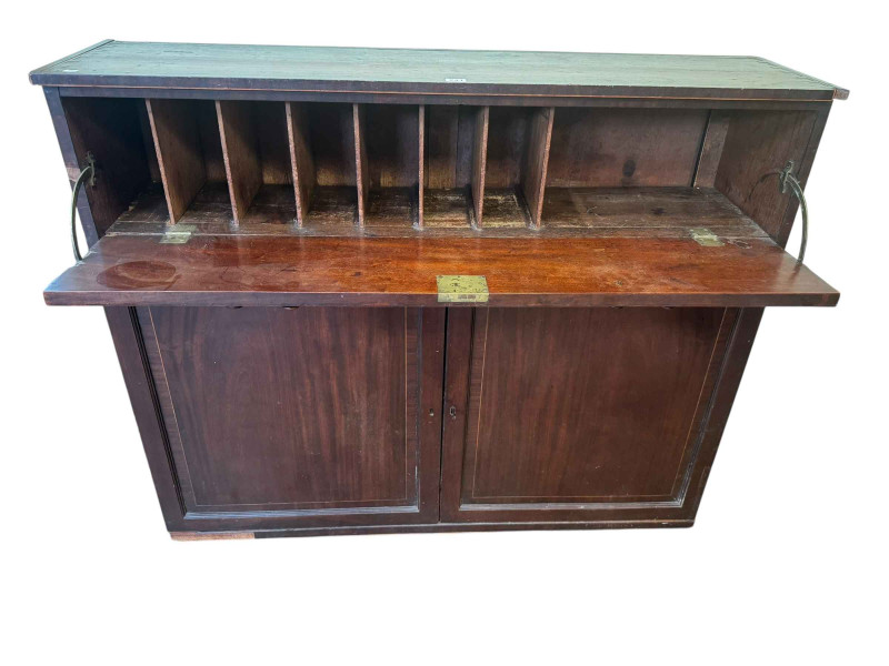 19th Century mahogany side cabinet having fall front enclosing pigeon holes with two cupboard doors below, 101.5cm by 125cm by 31.5cm.