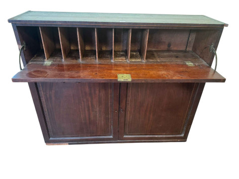 19th Century mahogany side cabinet having fall front enclosing pigeon holes with two cupboard doors below, 101.5cm by 125cm by 31.5cm. thumbnail