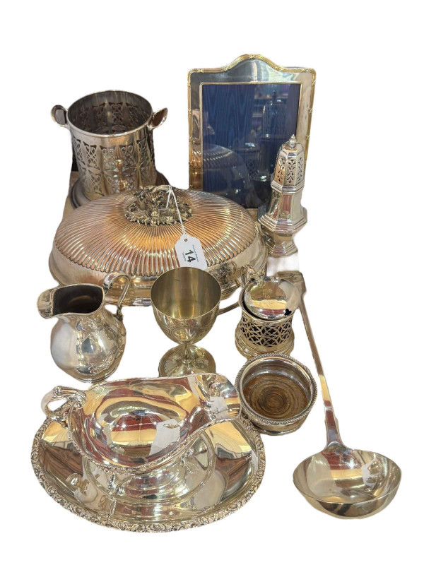 Collection of silver plate including tureen cover, siphon stand, gravy boat and stand, ladle, castor etc.