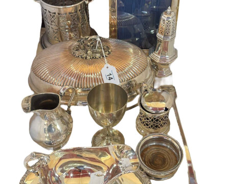 Collection of silver plate including tureen cover, siphon stand, gravy...