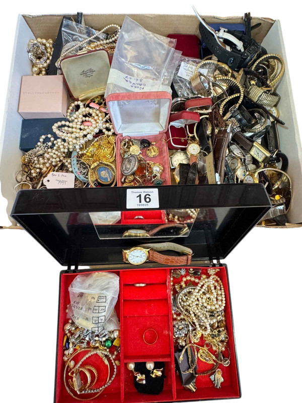 Large collection of costume jewellery, wrist watches including an Omega Seamaster Automatic and a 9 carat gold wristwatch, pearl necklaces, rings etc.