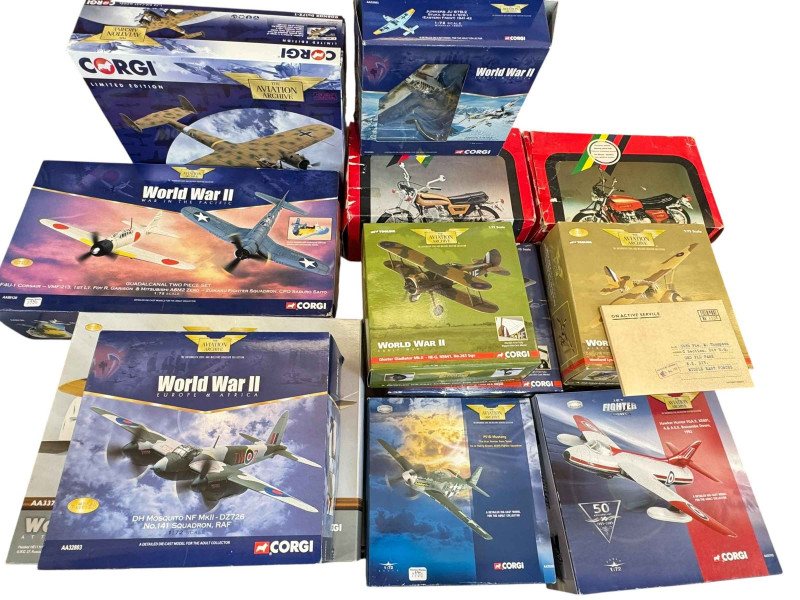 Collection of eleven Corgi WWII aircraft models and two Polistil motorcycle models (13).
