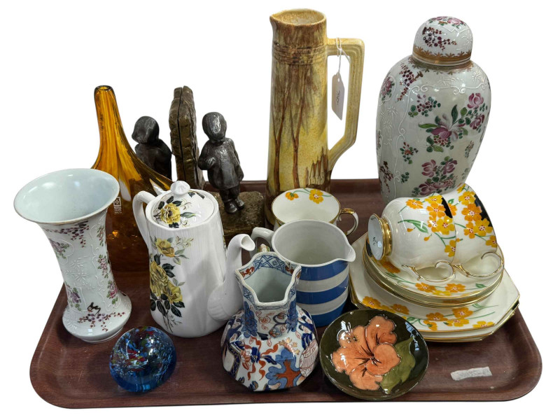 Pottery vases and jugs, Moorcroft dish, pair of bookends, Mdina glass vase, paperweights etc.