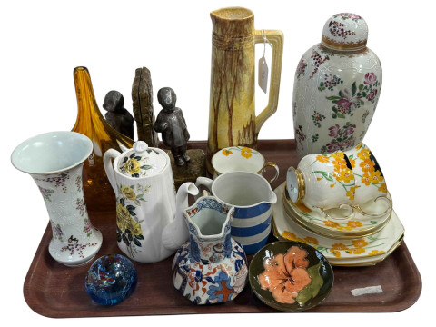 Pottery vases and jugs, Moorcroft dish, pair of bookends, Mdina glass...